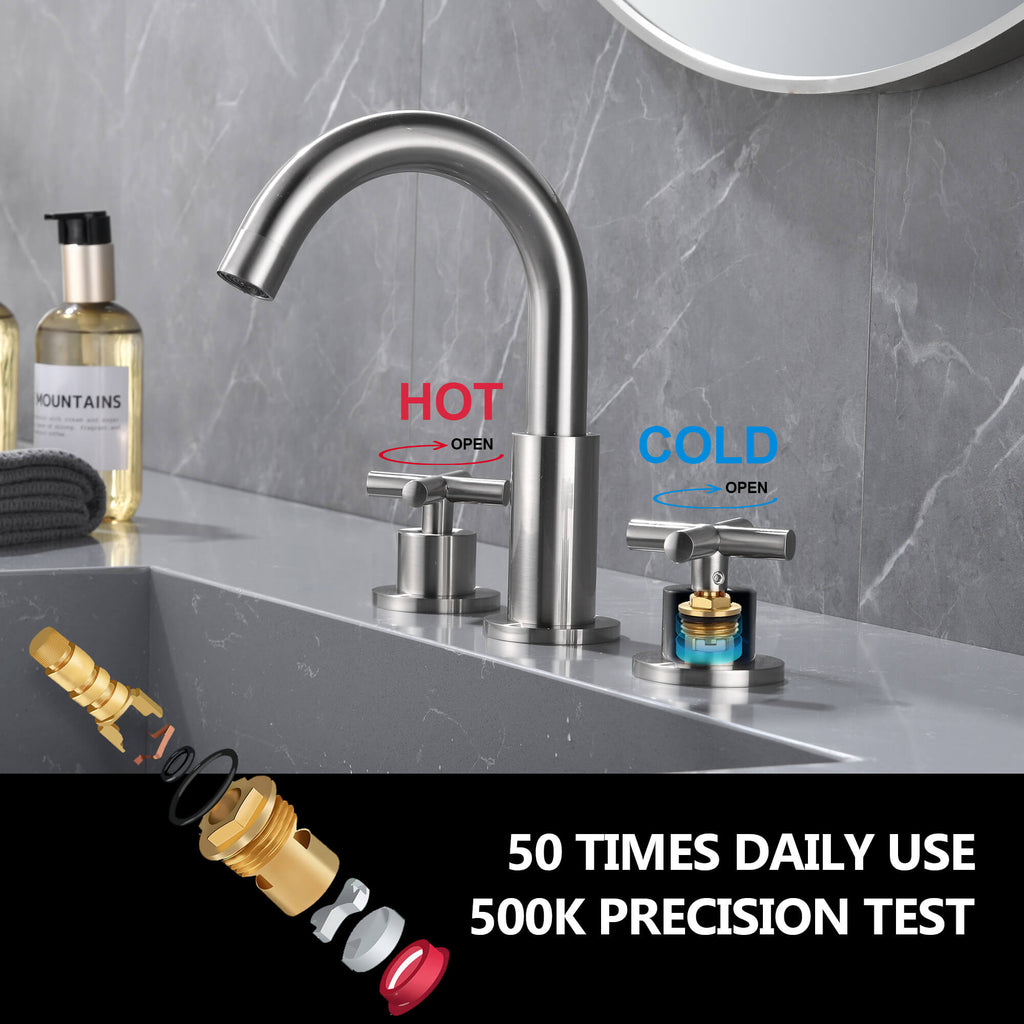 8" Spread 3-Hole Brass Bathroom Faucet - 360° Gooseneck Spout Dual Cross Handles