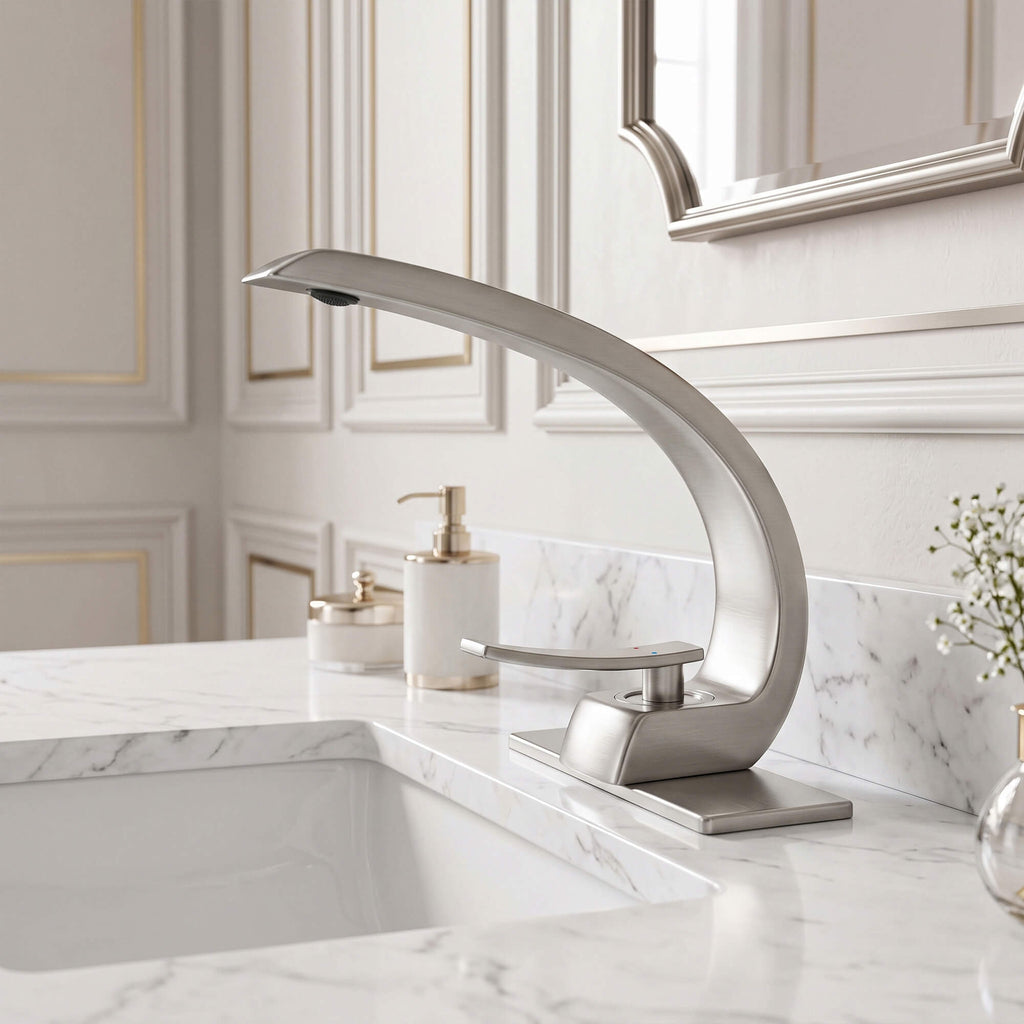 7.68" Brass Single Hole Single Lever Handle Bathroom Sink Faucet with Curved Spout