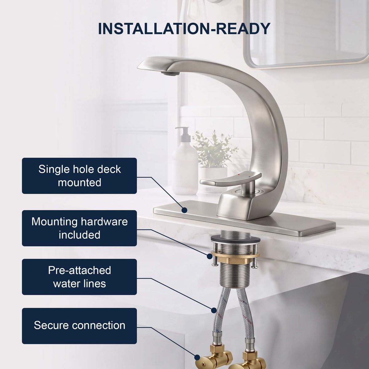 7.68" Brass Single Hole Single Lever Handle Bathroom Sink Faucet with Curved Spout