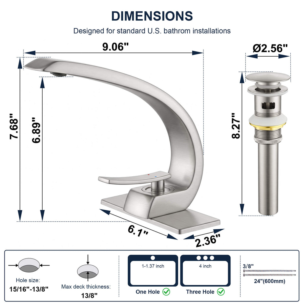 7.68" Brass Single Hole Single Lever Handle Bathroom Sink Faucet with Curved Spout