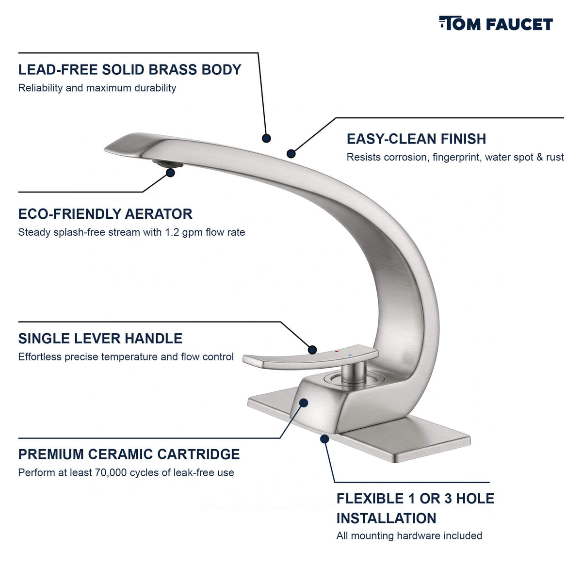 7.68" Brass Single Hole Single Lever Handle Bathroom Sink Faucet with Curved Spout