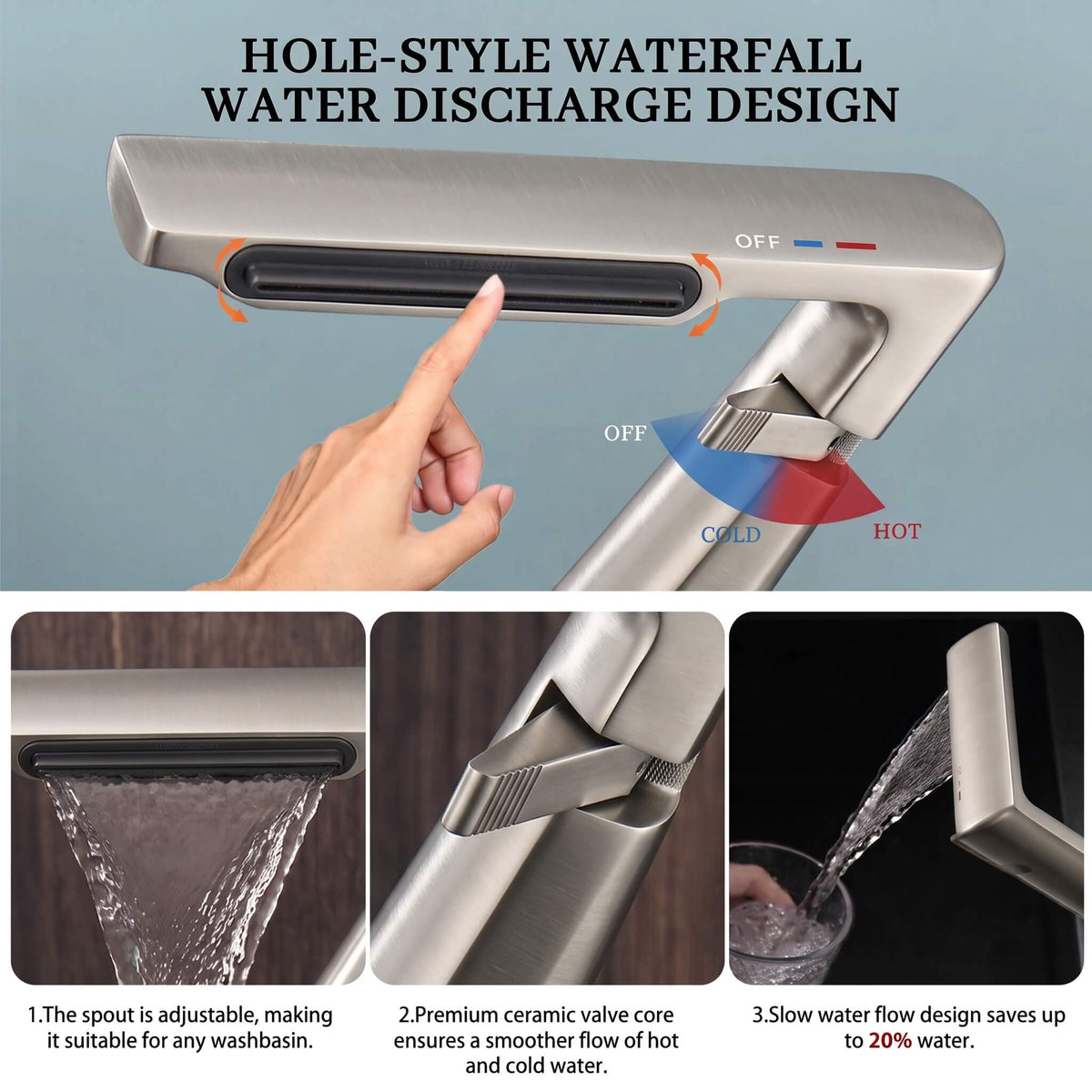 6.2" H Brass Single Hole Waterfall Bathroom Sink Faucet