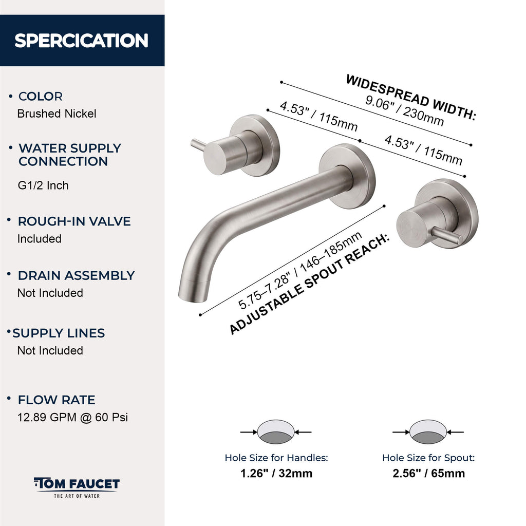 Fast Flow Modern Wall Mount Tub Faucet with 2 Handles & Swivel Spout