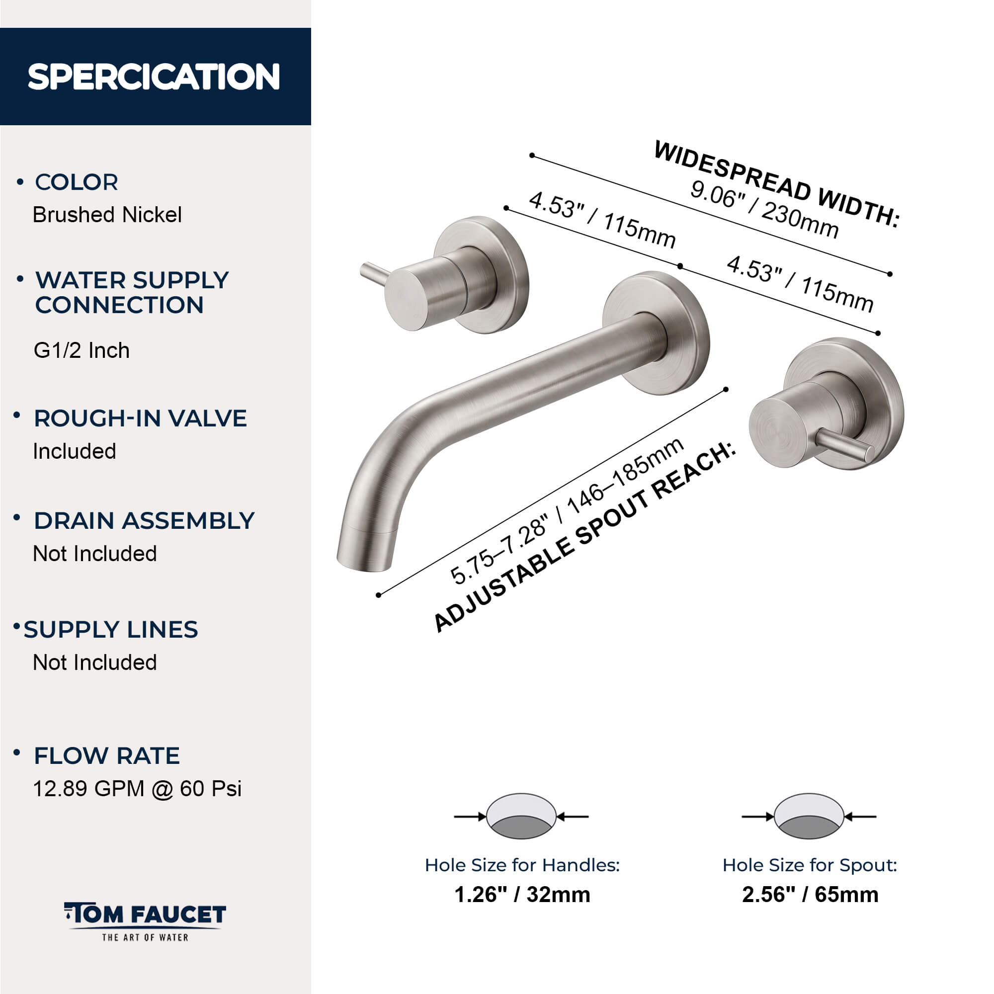 Fast Flow Modern Wall Mount Tub Faucet with 2 Handles & Swivel Spout
