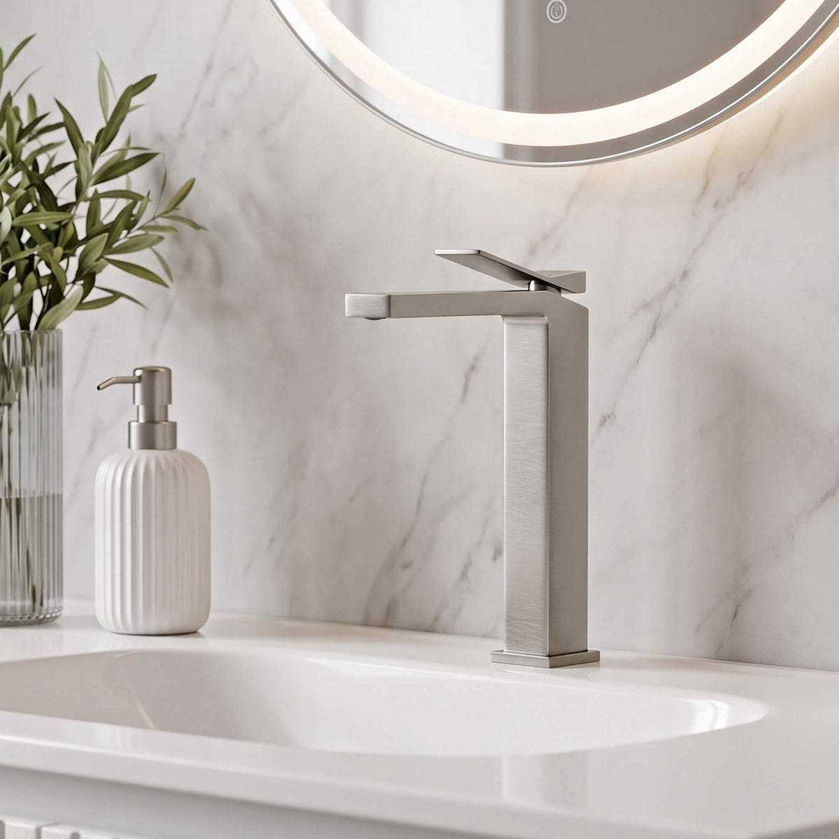 Minimalist Square Monolithic Single-Handle Tall Vessel Faucet