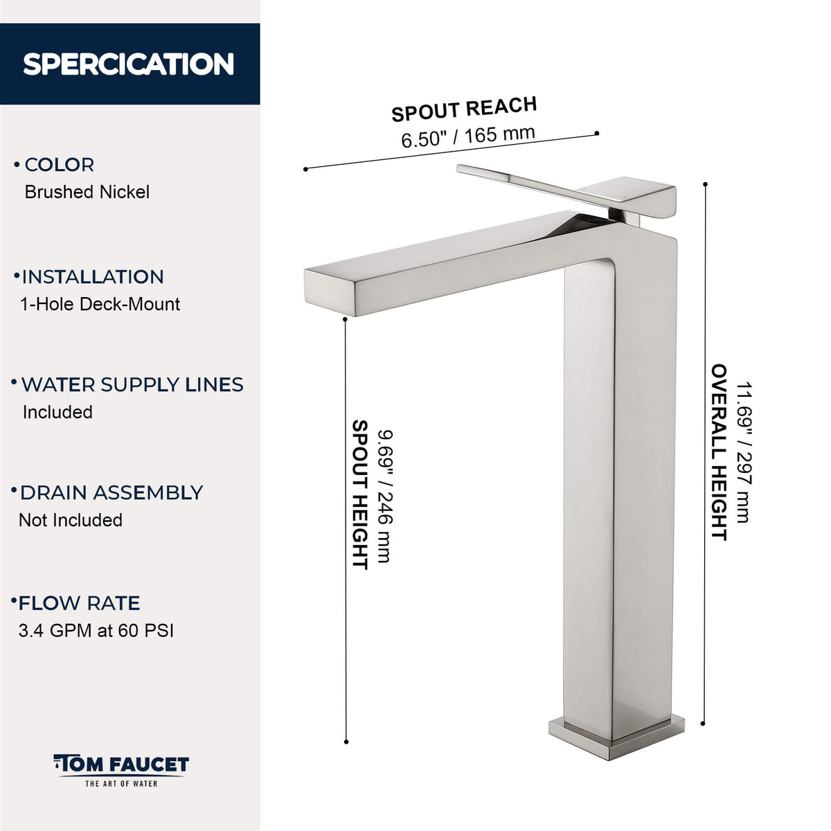 Minimalist Square Monolithic Single-Handle Tall Vessel Faucet