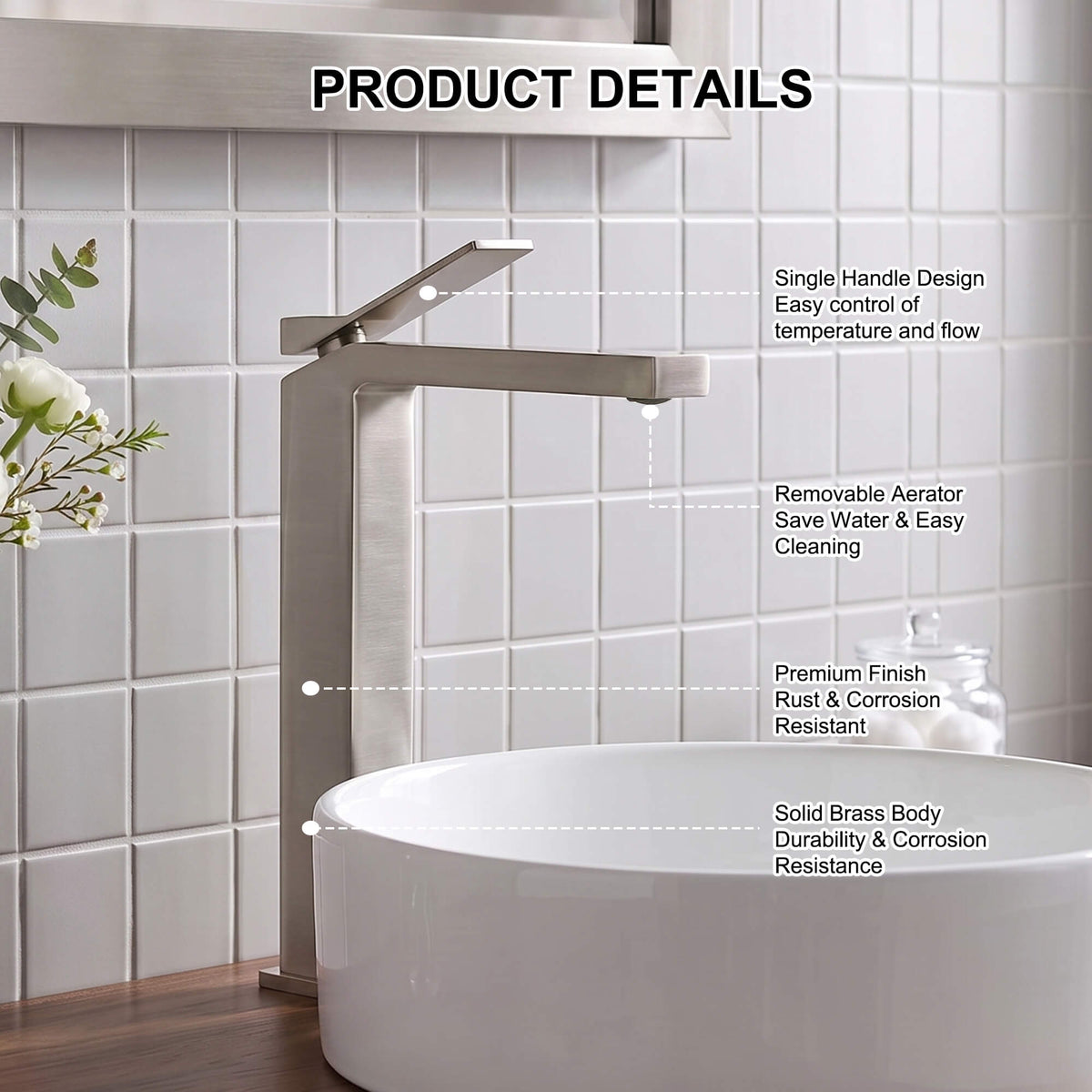 Minimalist Square Monolithic Single-Handle Tall Vessel Faucet