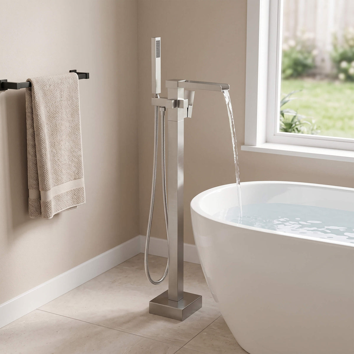Fast-Filling Waterfall Freestanding Tub Faucet with Hand Shower