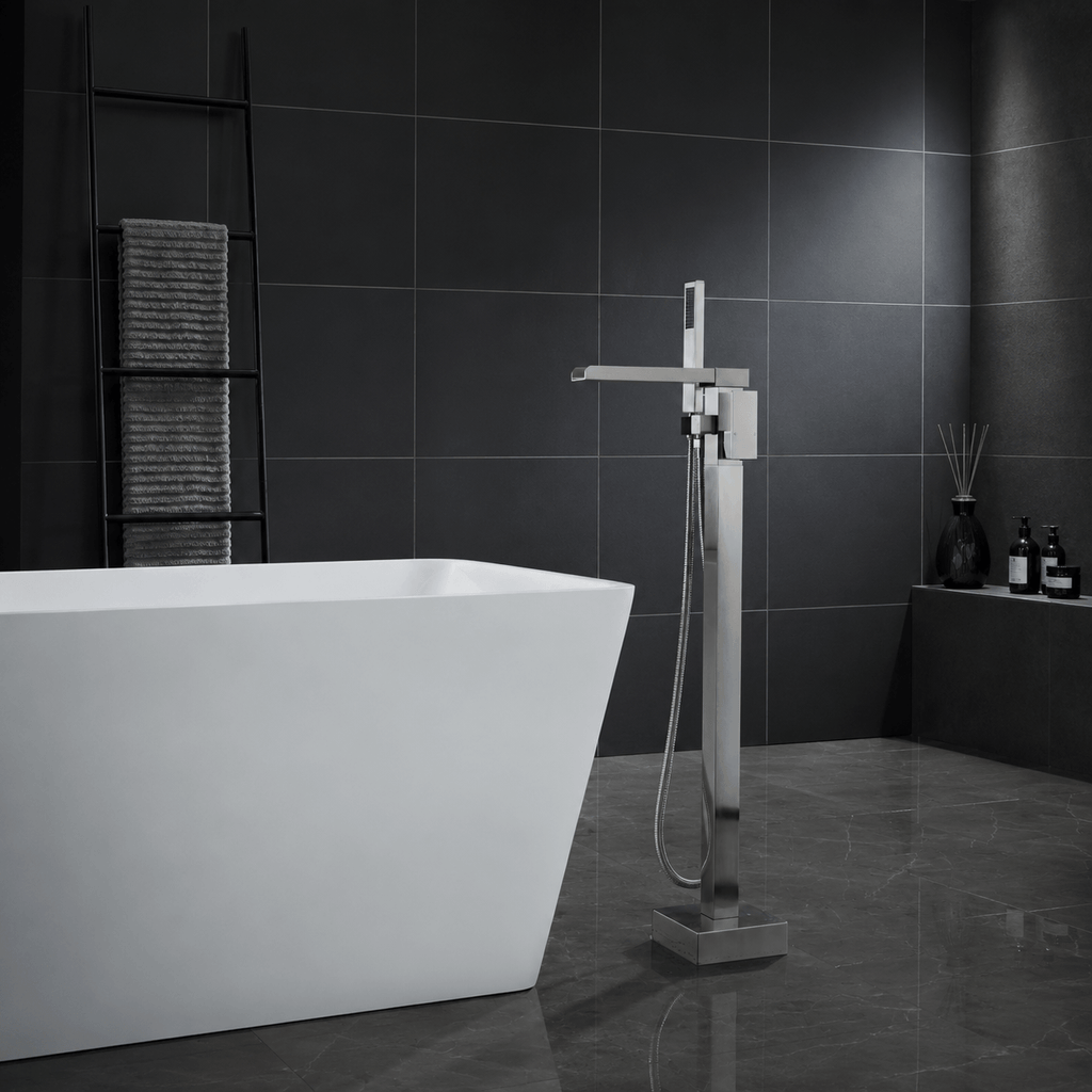 Cube Modern Solid Brass Freestanding Tub Filler Faucet with Hand Shower
