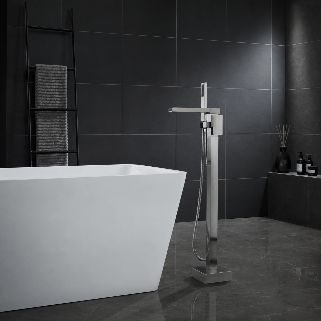Cube Modern Solid Brass Freestanding Tub Filler Faucet with Hand Shower