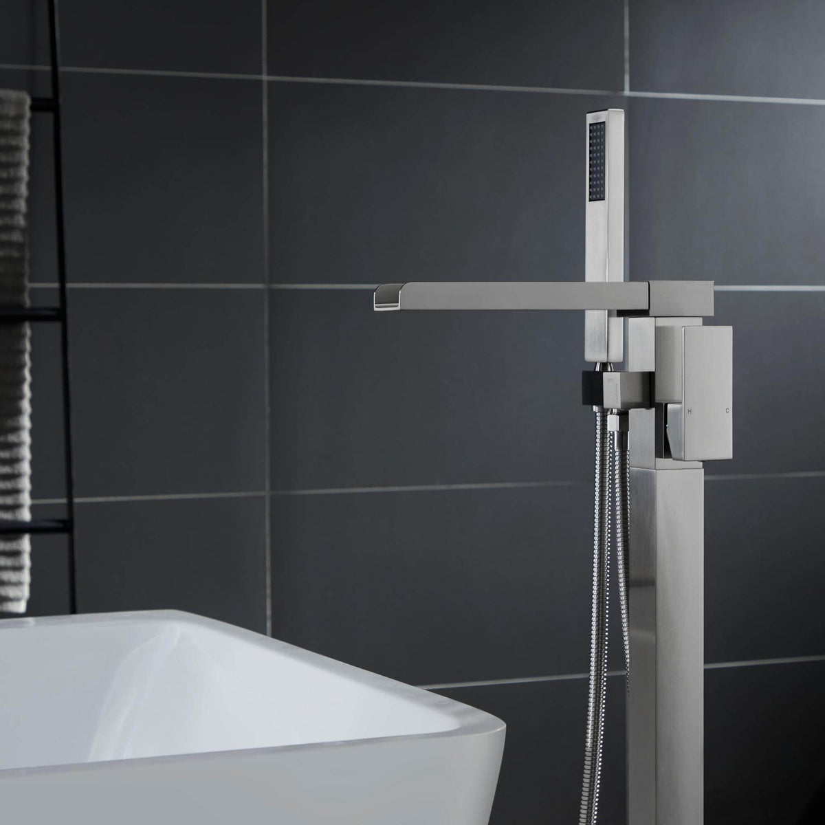 Cube Modern Solid Brass Freestanding Tub Filler Faucet with Hand Shower