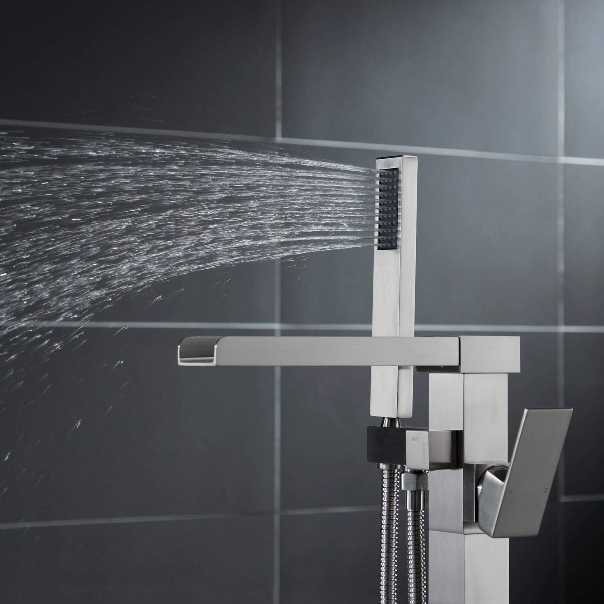 Cube Modern Solid Brass Freestanding Tub Filler Faucet with Hand Shower