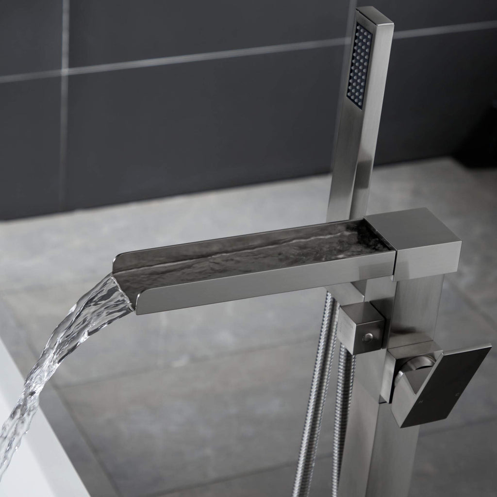 Cube Modern Solid Brass Freestanding Tub Filler Faucet with Hand Shower