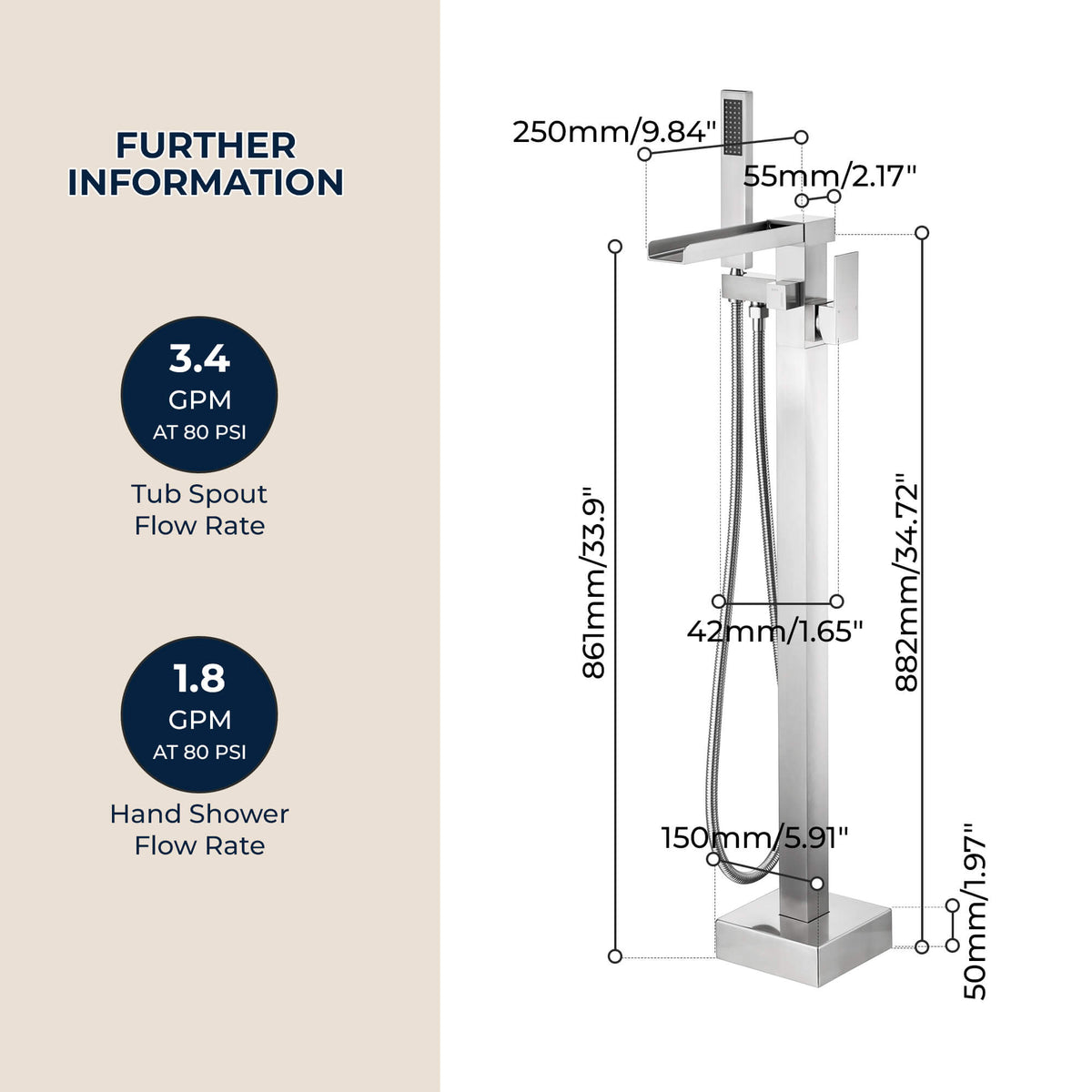Fast-Filling Waterfall Freestanding Tub Faucet with Hand Shower