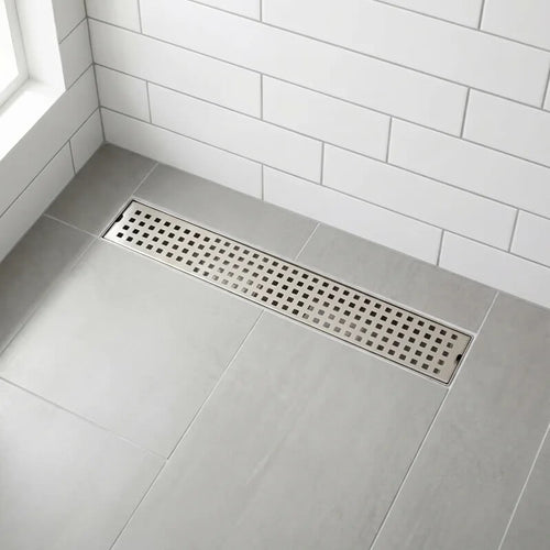 Modern Linear Grid Shower Drain with Removable Anti-Clog Hair Strainer Basket