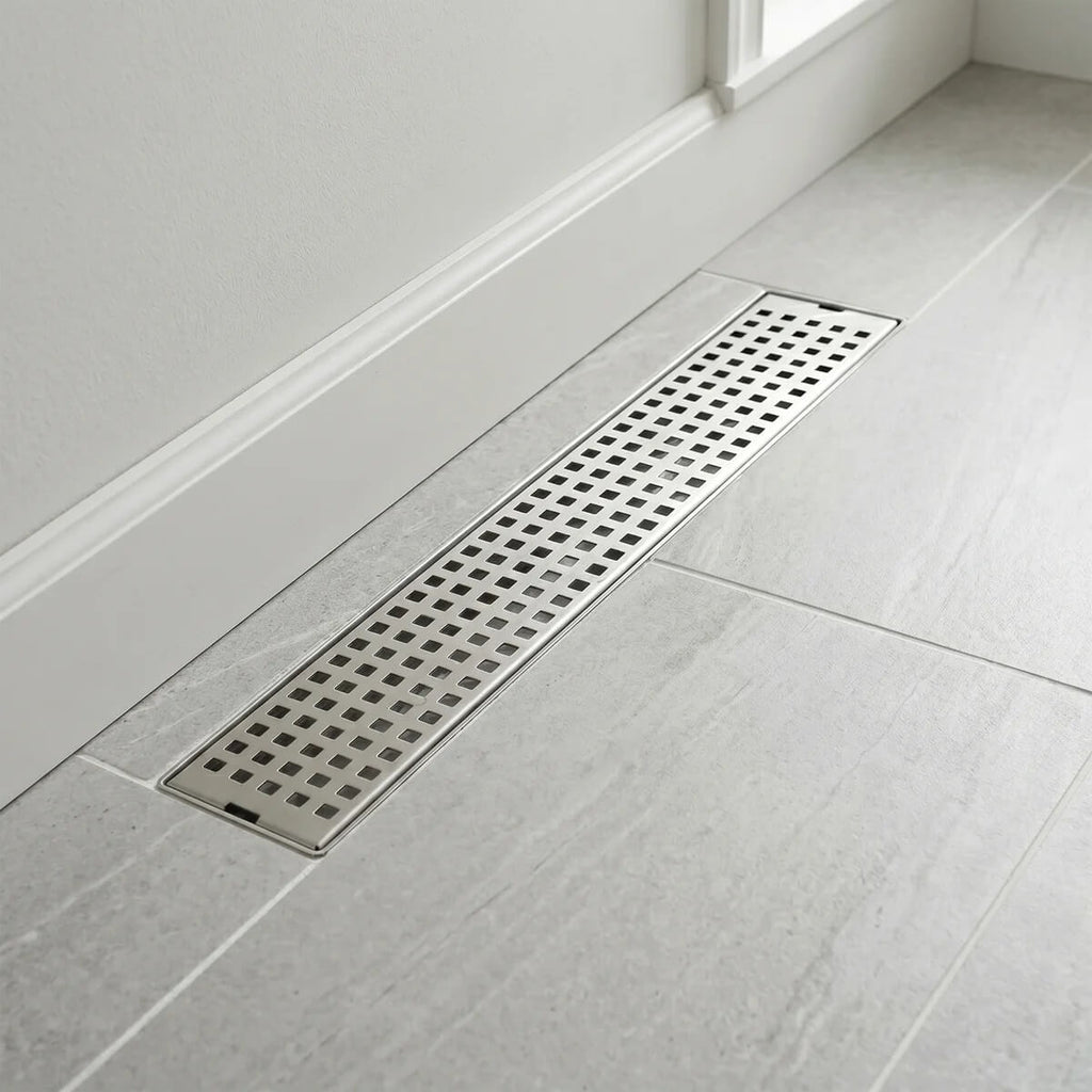 Modern Linear Grid Shower Drain with Removable Anti-Clog Hair Strainer Basket