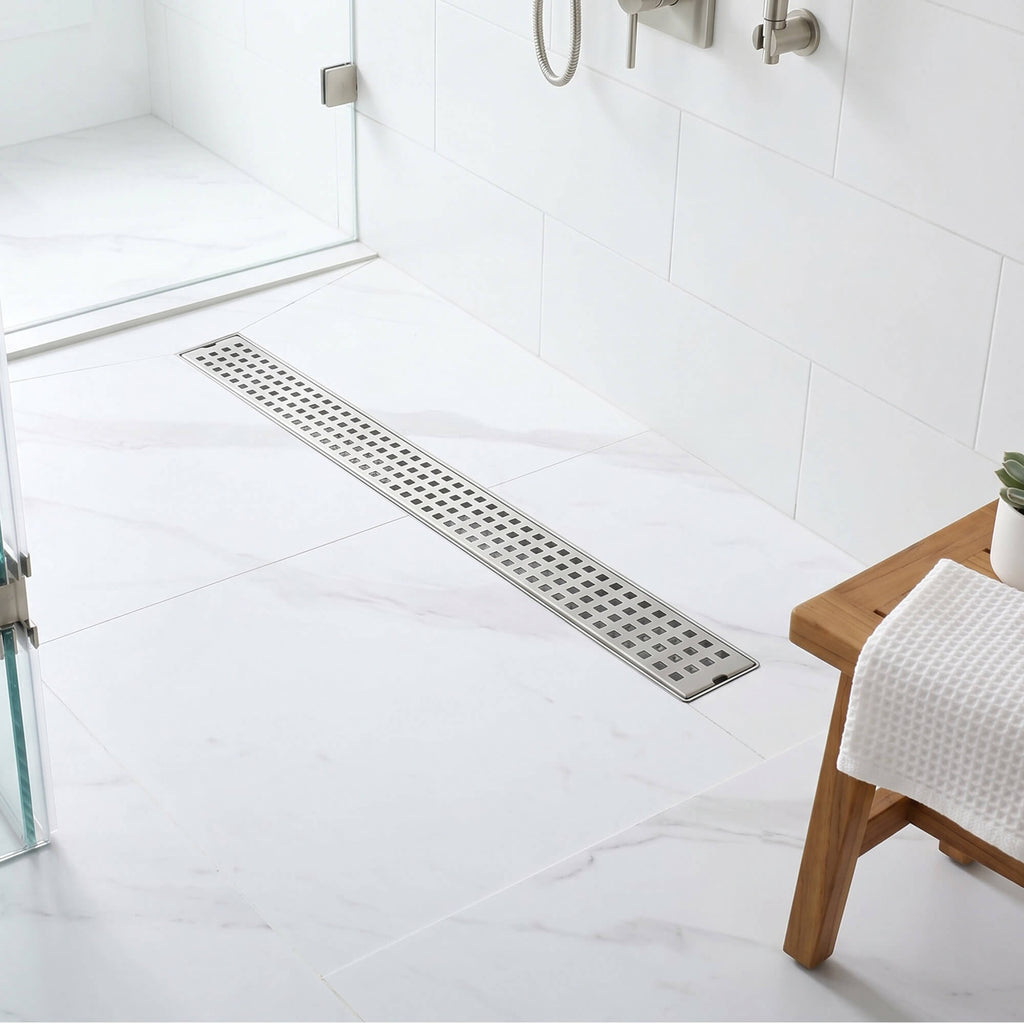 Modern Linear Grid Shower Drain with Removable Anti-Clog Hair Strainer Basket