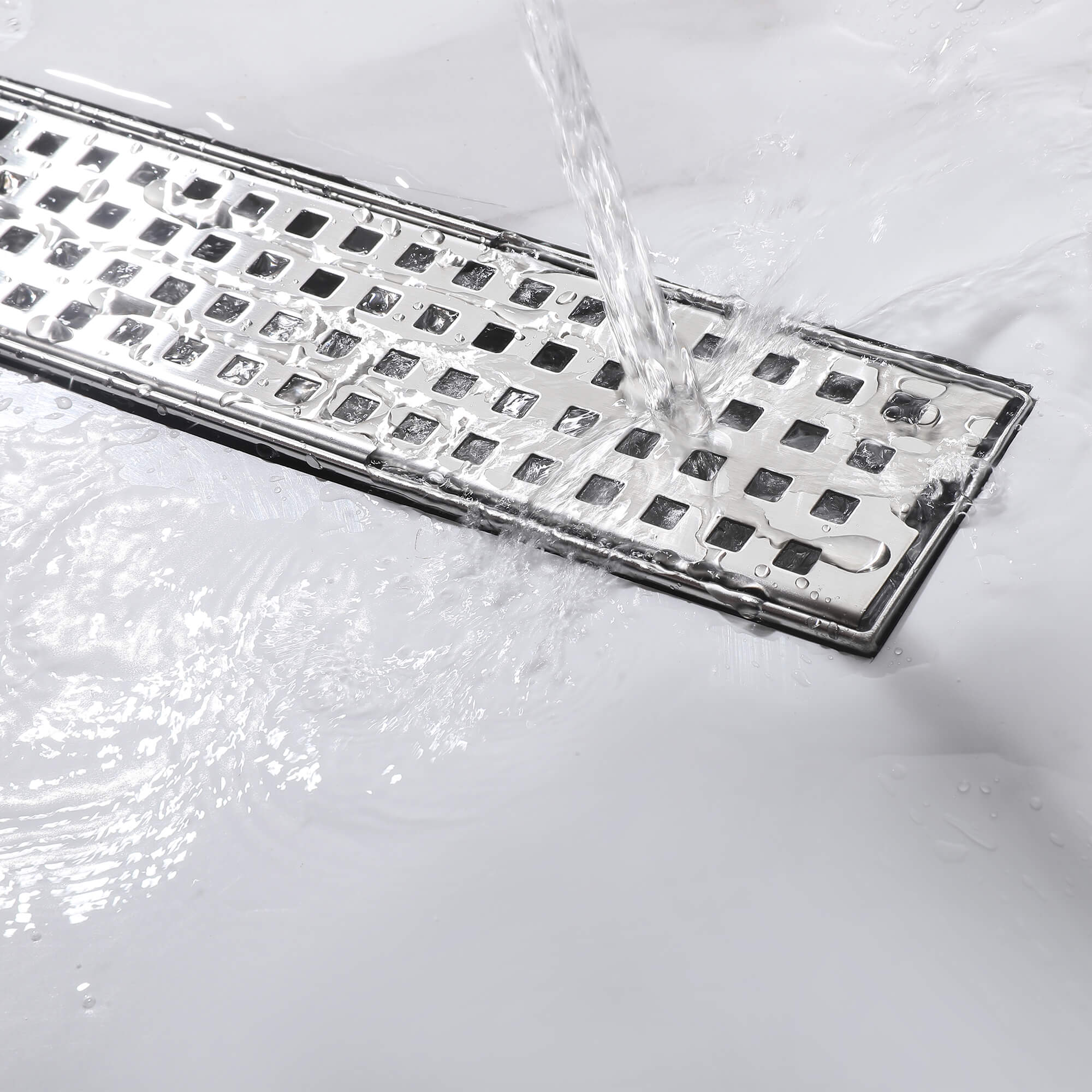 Modern Linear Grid Shower Drain with Removable Anti-Clog Hair Strainer Basket