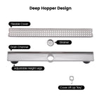 Modern Linear Grid Shower Drain with Removable Anti-Clog Hair Strainer Basket