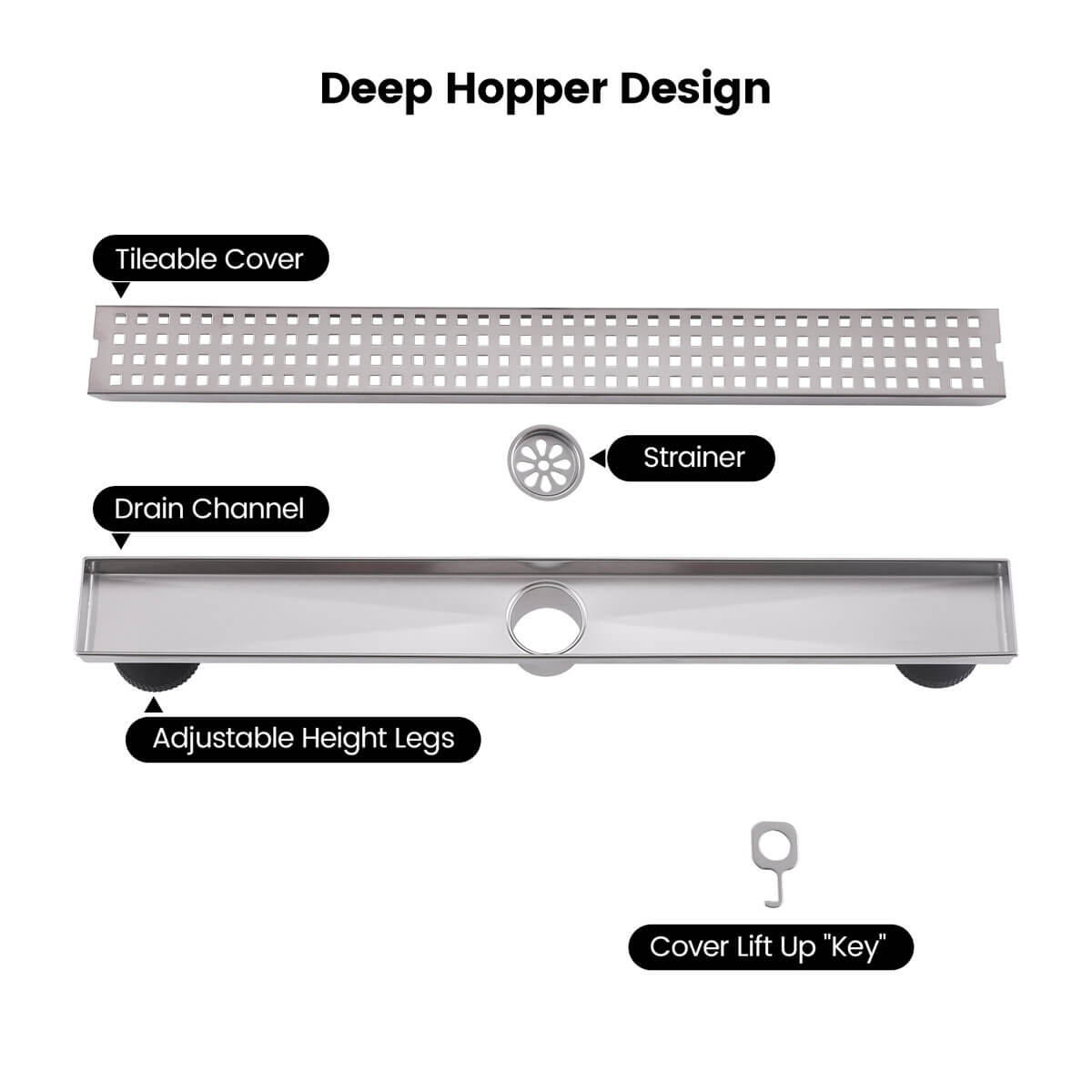 Modern Linear Grid Shower Drain with Removable Anti-Clog Hair Strainer Basket