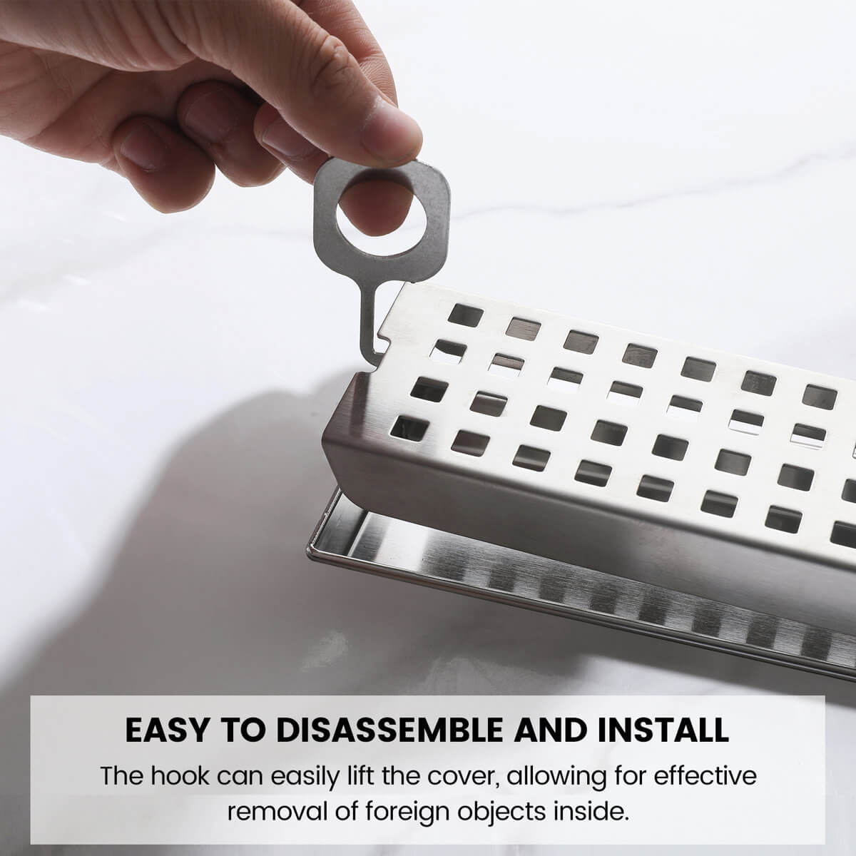 Modern Linear Grid Shower Drain with Removable Anti-Clog Hair Strainer Basket