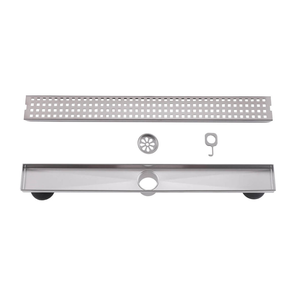 Modern Linear Grid Shower Drain with Removable Anti-Clog Hair Strainer Basket