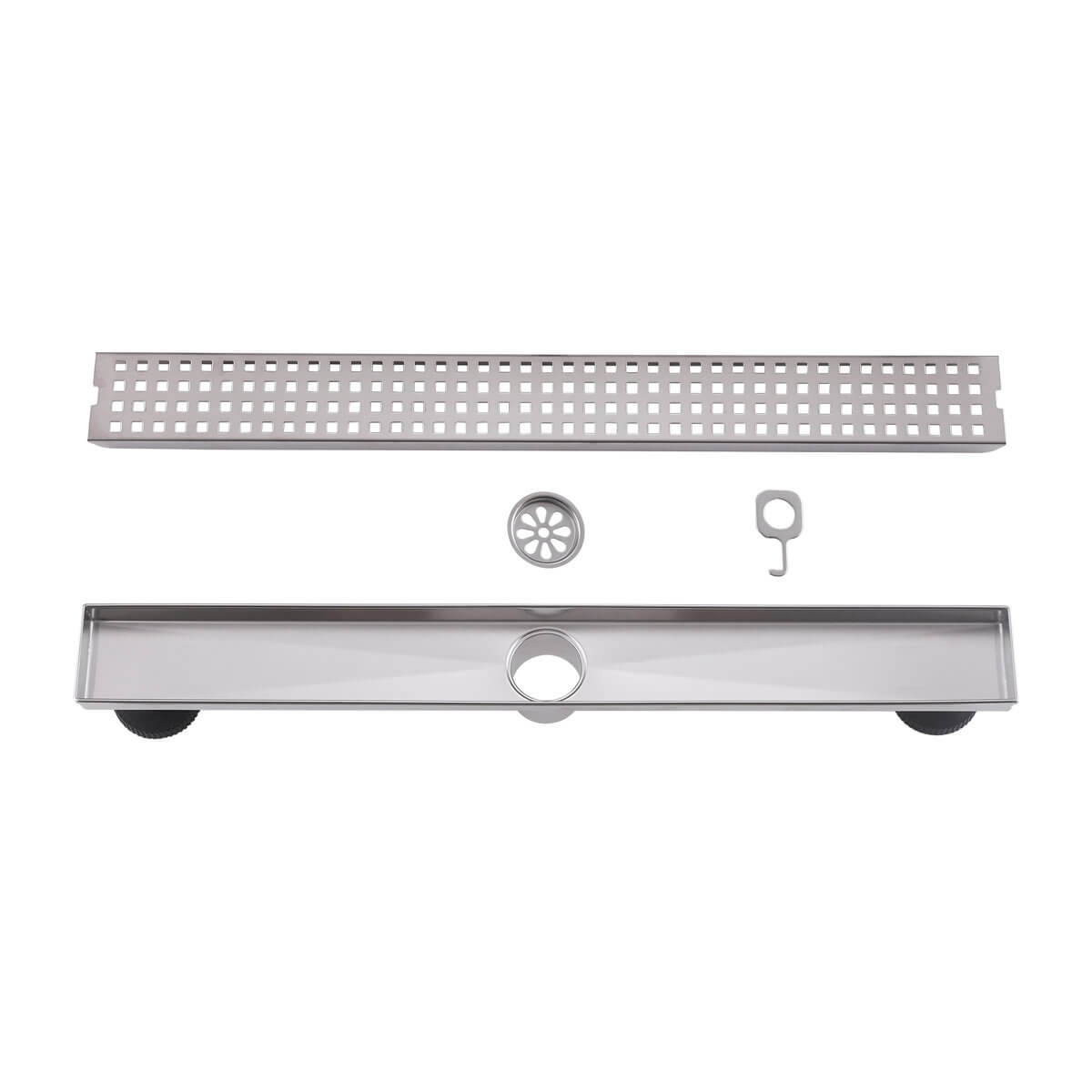 Modern Linear Grid Shower Drain with Removable Anti-Clog Hair Strainer Basket
