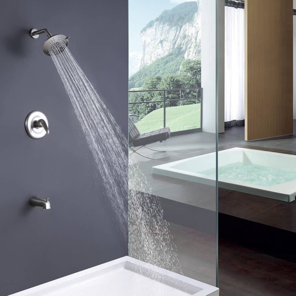 Modern Round Rain Shower System with 5-Function Spray and Integrated Tub Spout