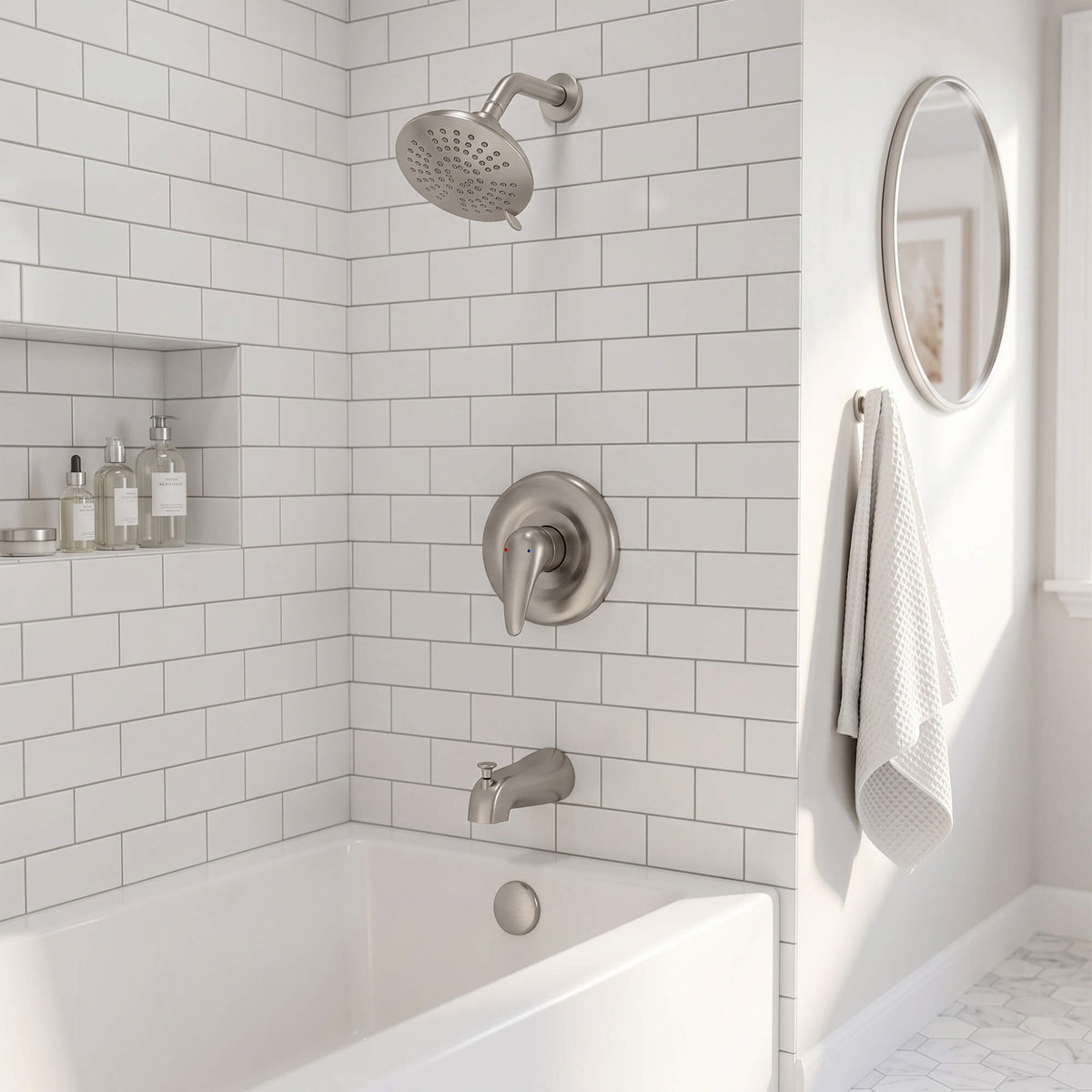 Modern Round Rain Shower System with 5-Function Spray and Integrated Tub Spout