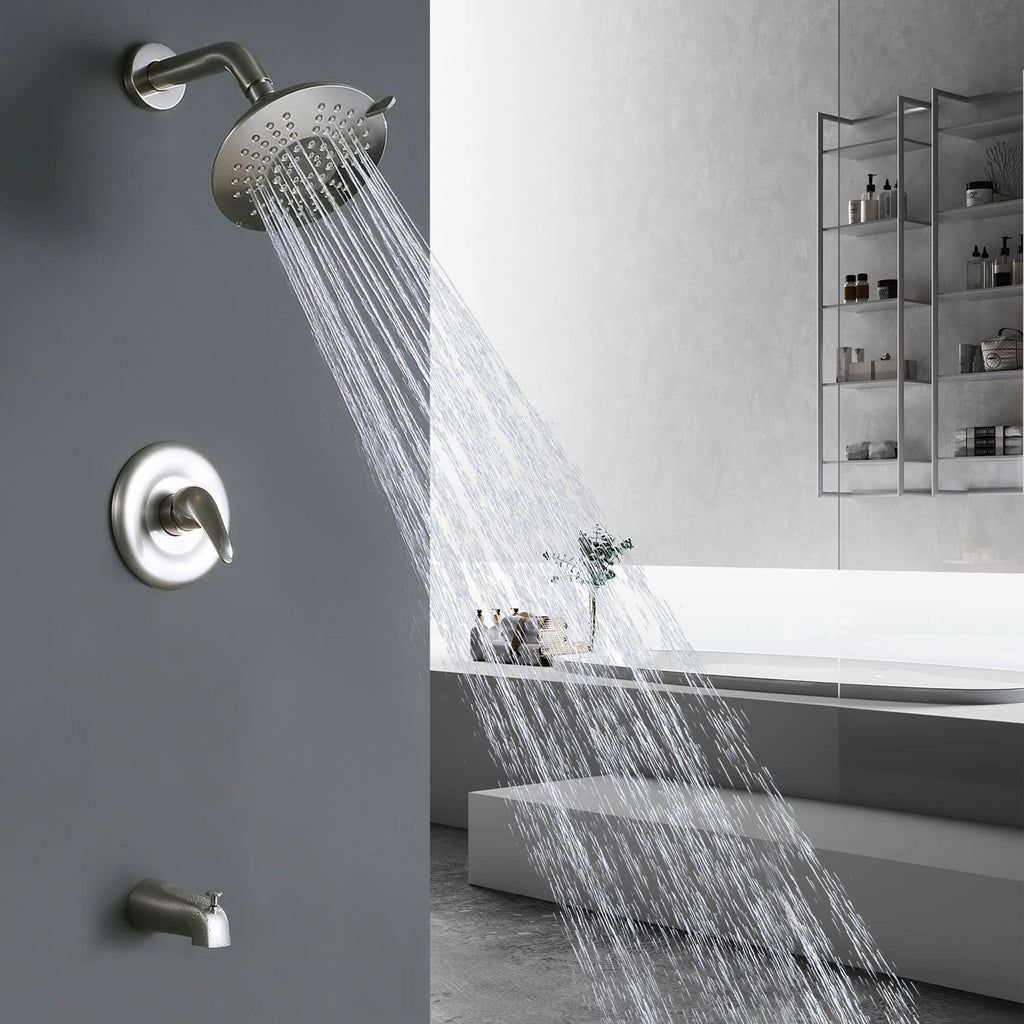 Modern Round Rain Shower System with 5-Function Spray and Integrated Tub Spout