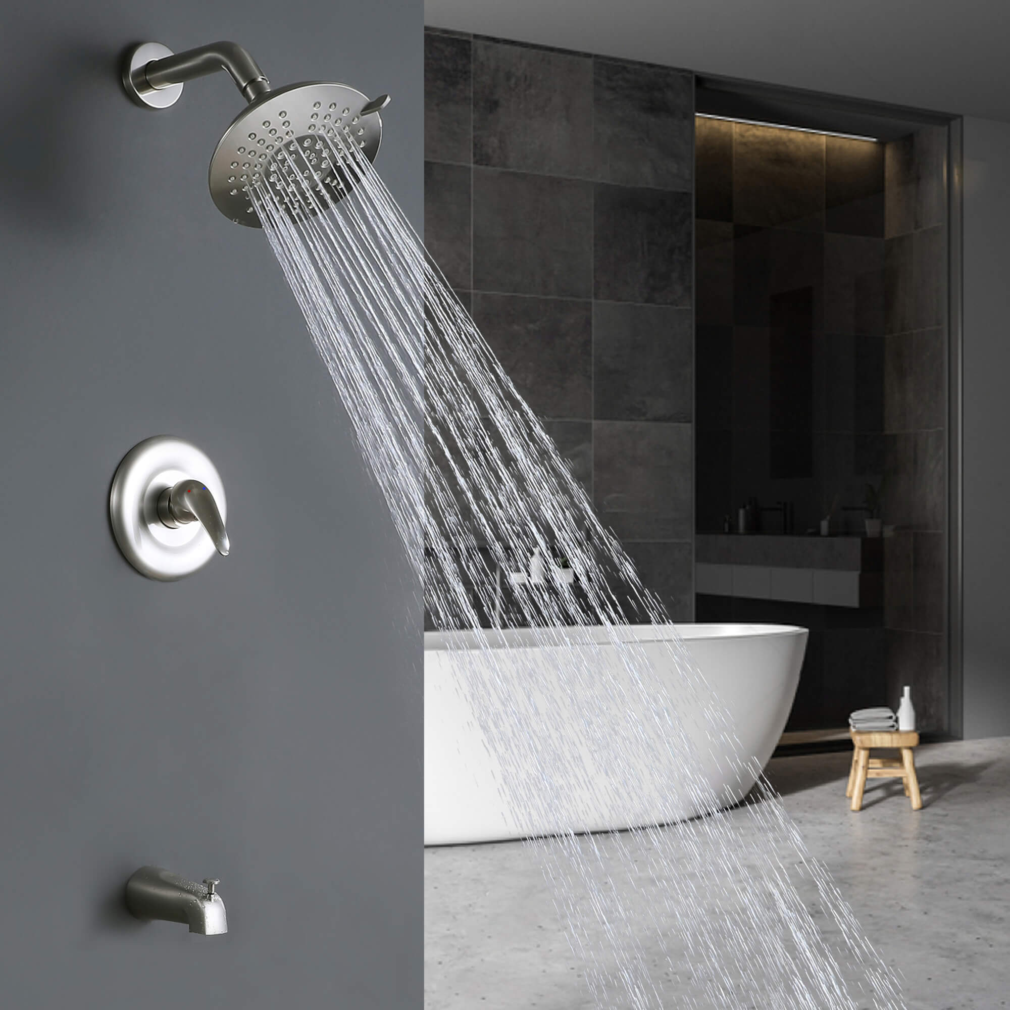 Modern Round Rain Shower System with 5-Function Spray and Integrated Tub Spout