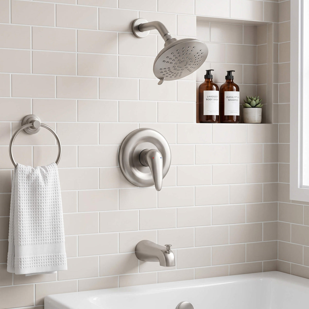Modern Round Rain Shower System with 5-Function Spray and Integrated Tub Spout
