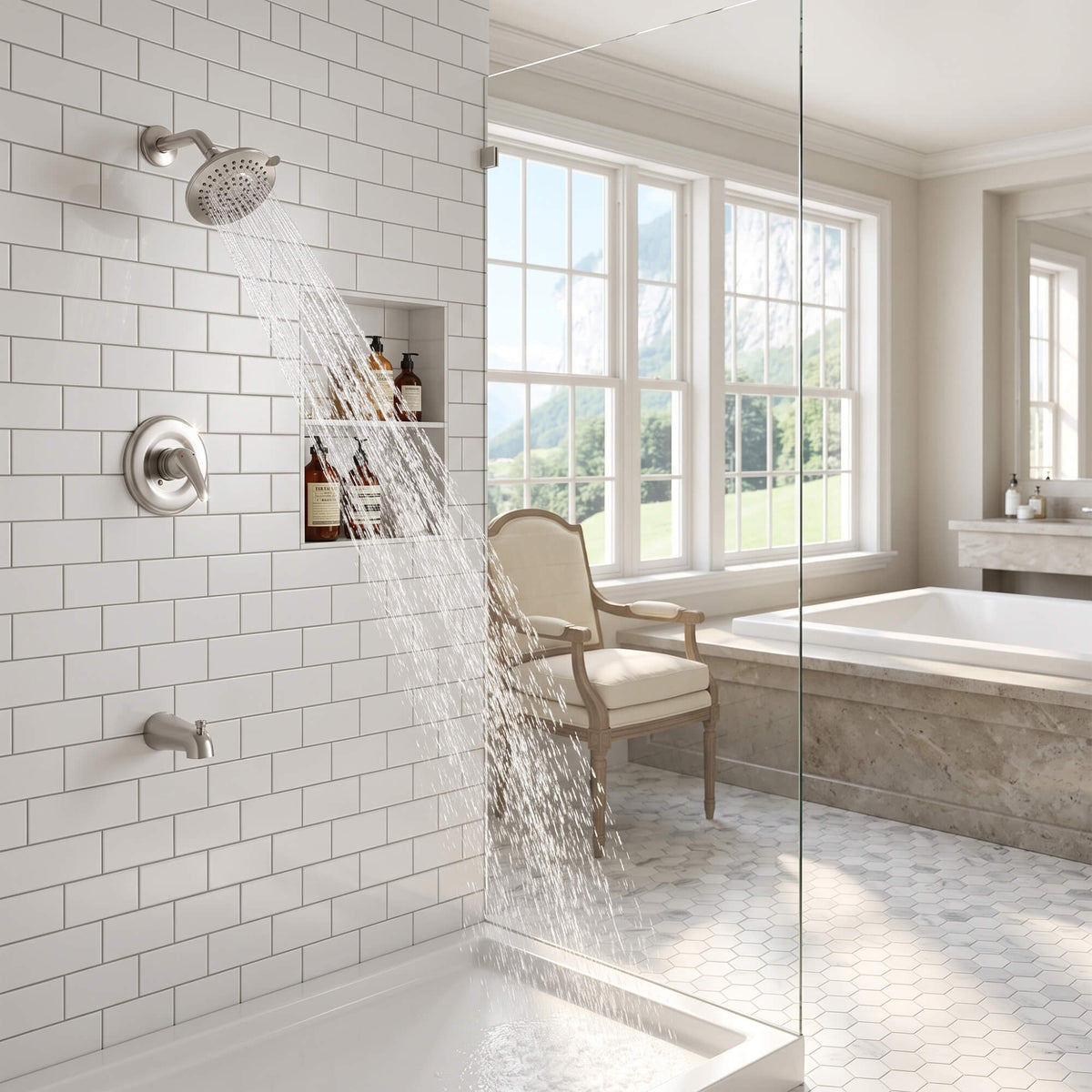 Modern Round Rain Shower System with 5-Function Spray and Integrated Tub Spout