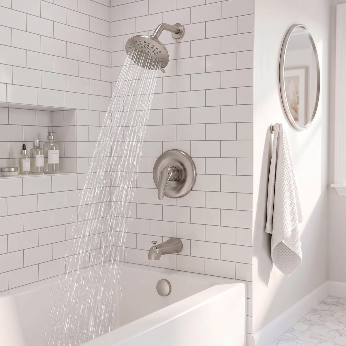 Modern Round Rain Shower System with 5-Function Spray and Integrated Tub Spout