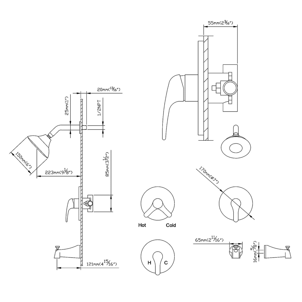 Modern Round Rain Shower System with 5-Function Spray and Integrated Tub Spout