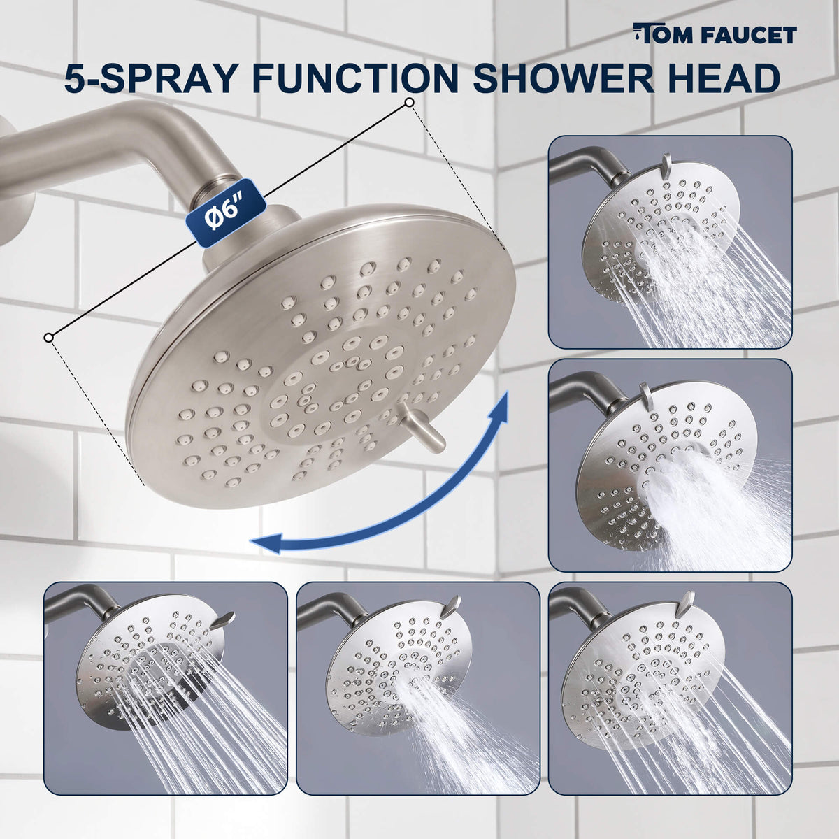 Modern Round Rain Shower System with 5-Function Spray and Integrated Tub Spout