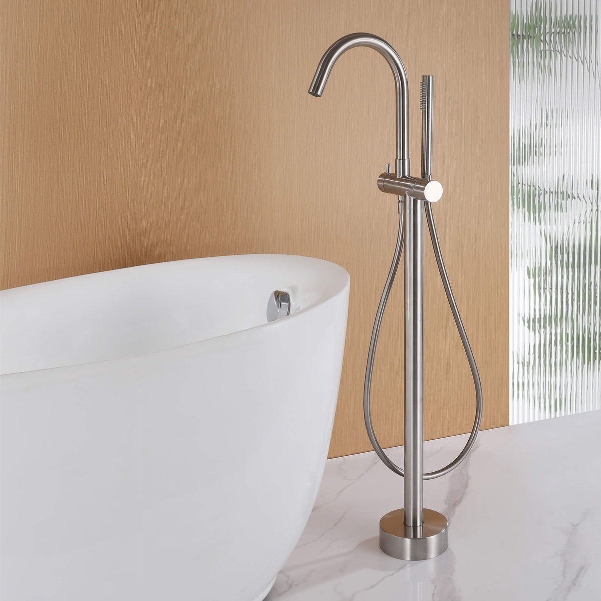 316 Stainless Steel Gooseneck Freestanding Tub Faucet with Thermostatic Control & High-Flow Spout