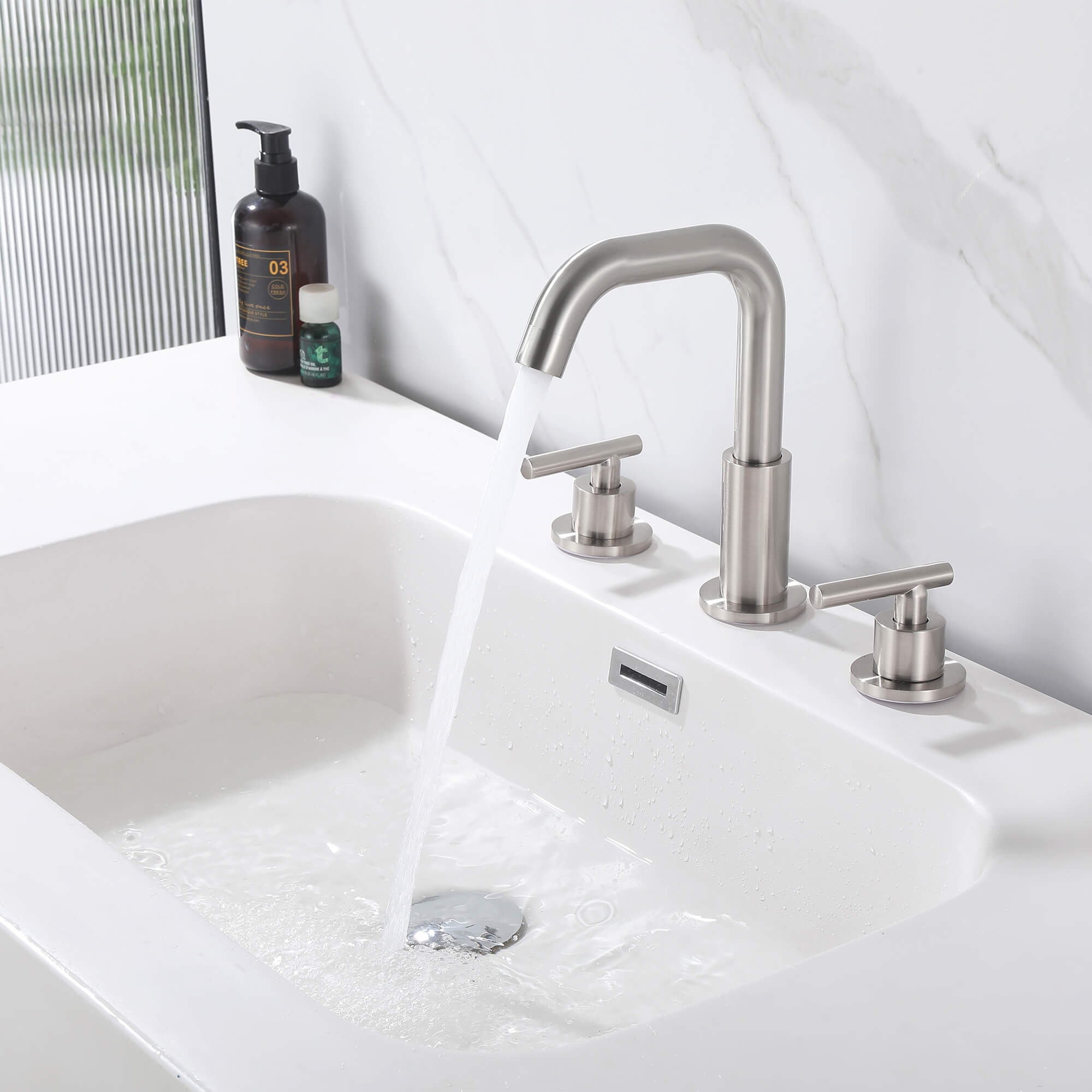 Brass 180° Swivel Gooseneck Spout Widespread Bathroom Faucet with Dual Handles