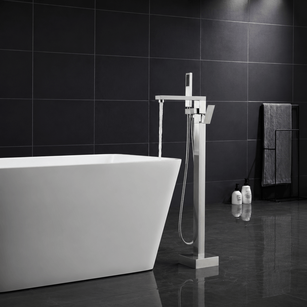 360° Swivel Cube Freestanding Tub Faucet with Hand Shower Single Handle