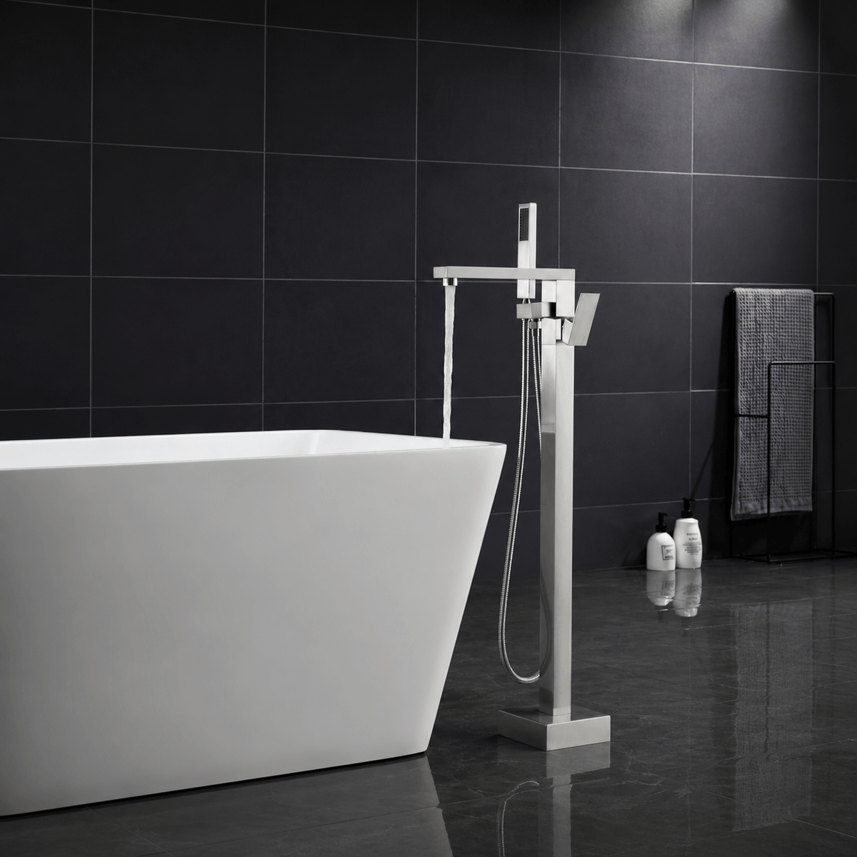 360° Swivel Cube Freestanding Tub Faucet with Hand Shower Single Handle
