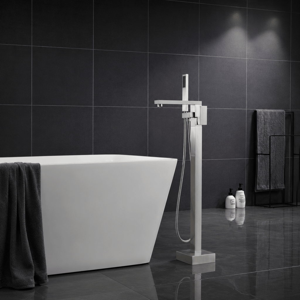 360° Swivel Cube Freestanding Tub Faucet with Hand Shower Single Handle