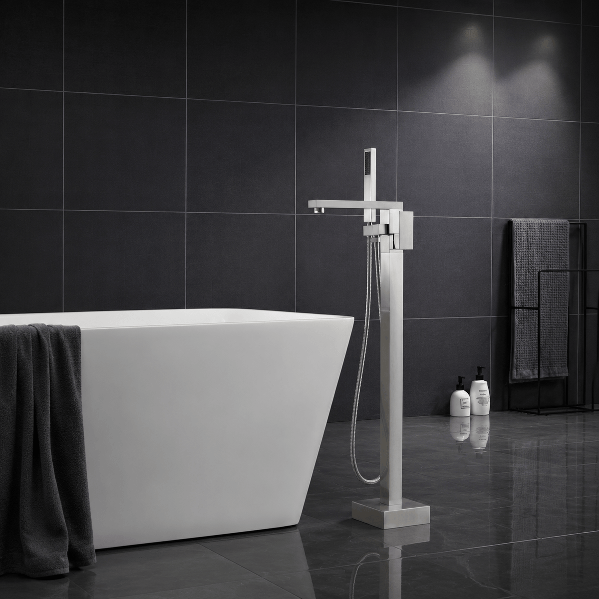 360° Swivel Cube Freestanding Tub Faucet with Hand Shower Single Handle
