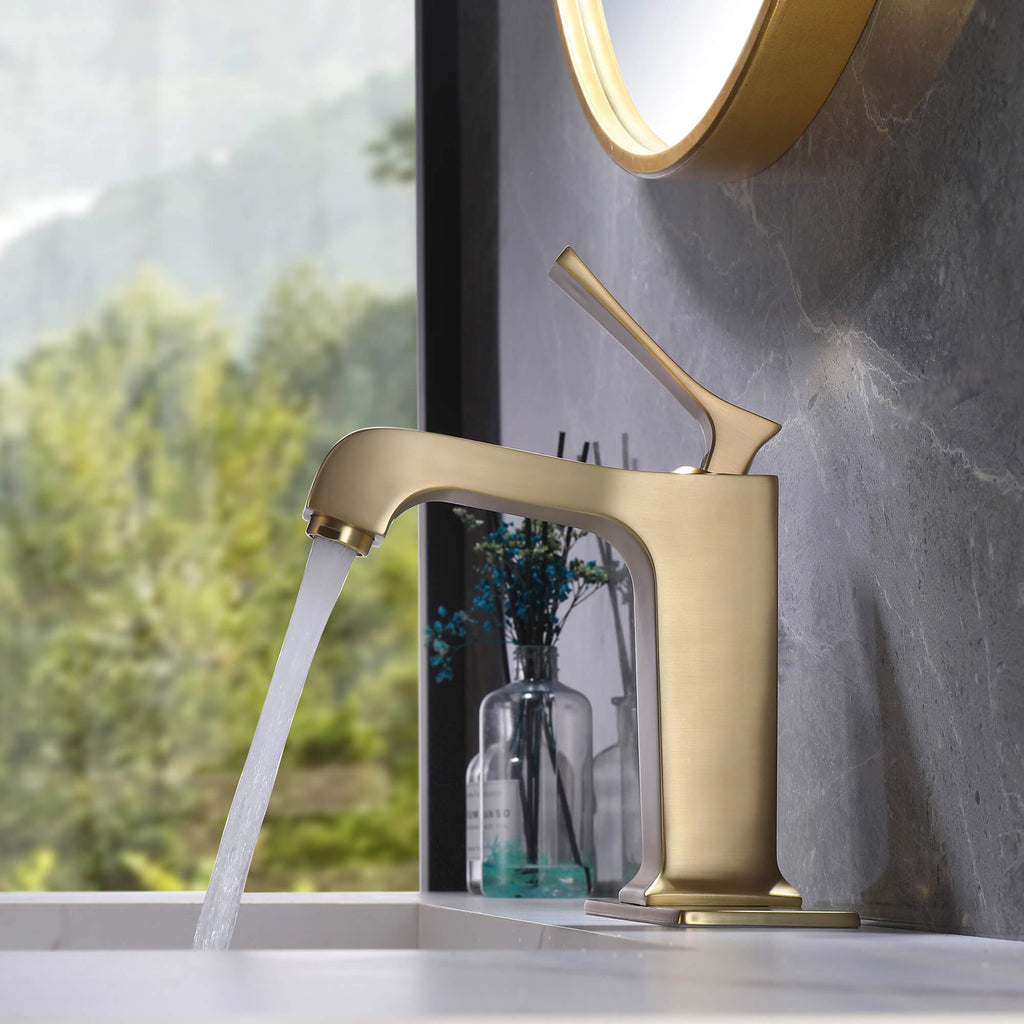 Single Handle 1-hole Basin Faucet with Curved Spout and Rectangular Deck Plate
