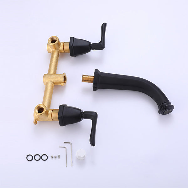 Wall Mounted 2-Handle Bathroom Faucet In Matte Black/Brushed Gold