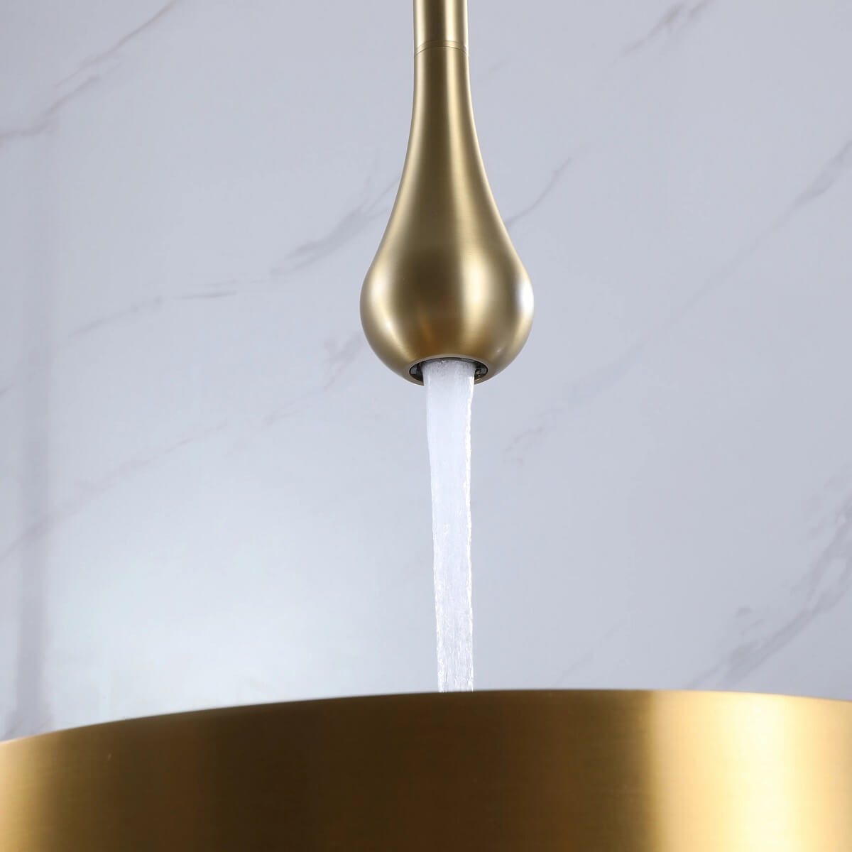 Ceiling-Mounted Basin Faucet with Floating Teardrop Spout and Deck Control Valve