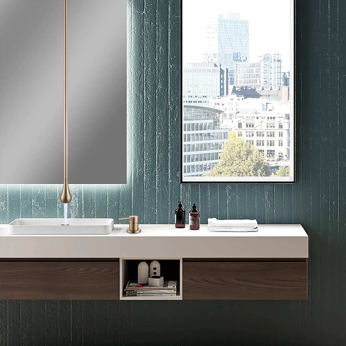 Ceiling-Mounted Basin Faucet with Floating Teardrop Spout and Deck Control Valve