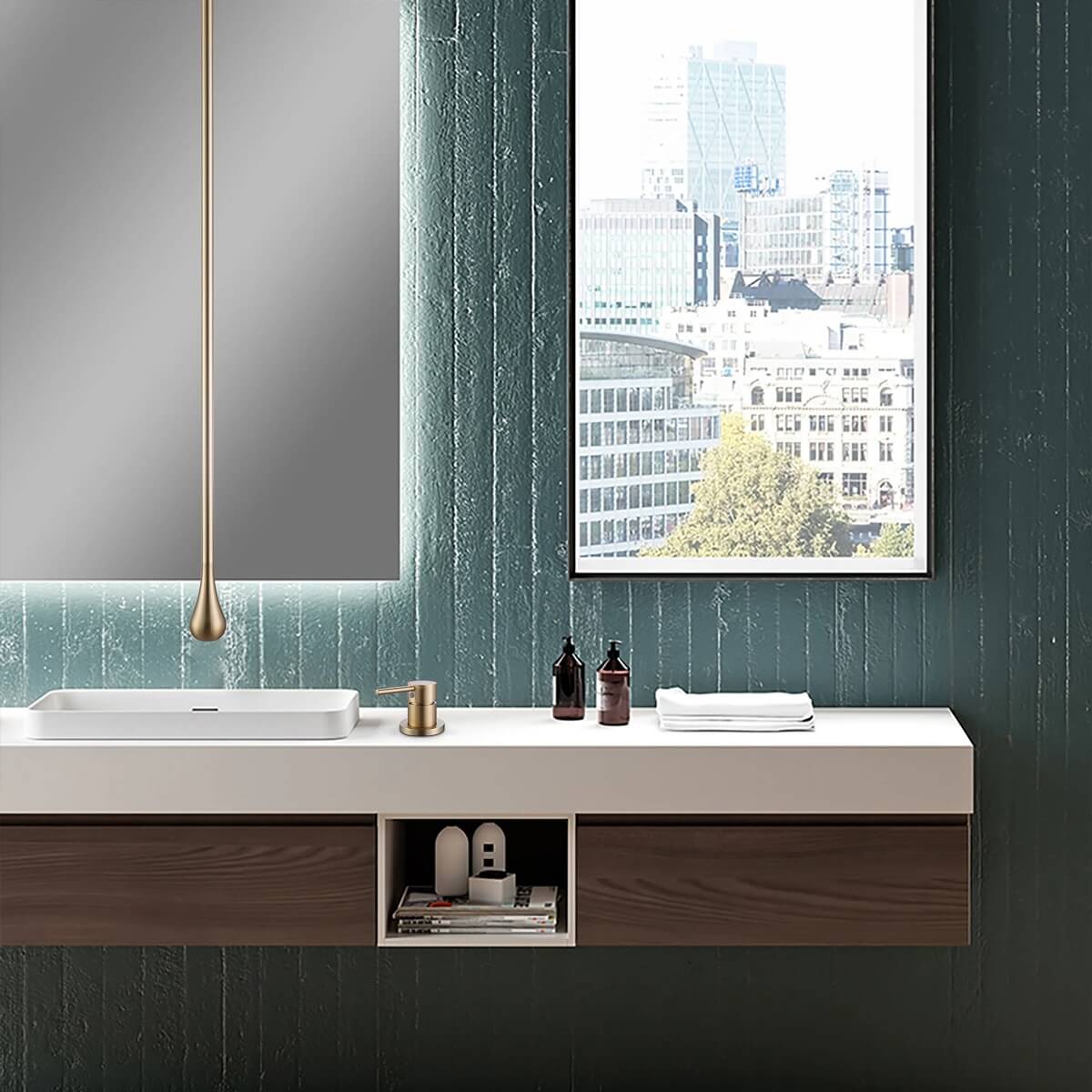 Ceiling-Mounted Basin Faucet with Floating Teardrop Spout and Deck Control Valve