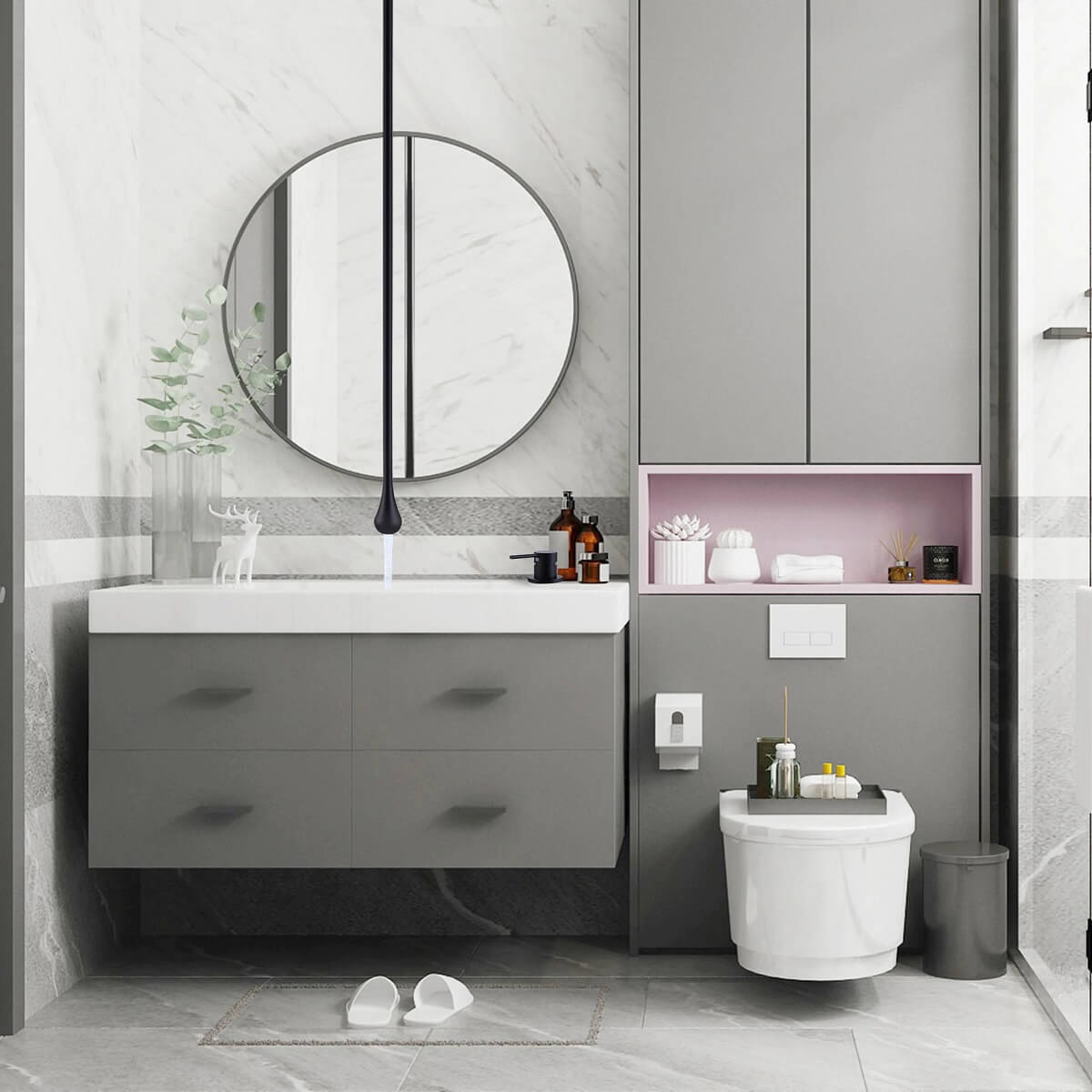 Ceiling-Mounted Basin Faucet with Floating Teardrop Spout and Deck Control Valve