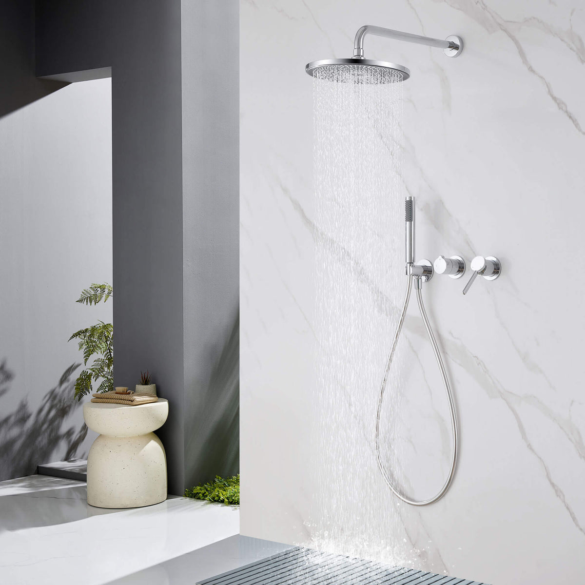 2-Functions Dual-Head Shower System with Thin Circular Rainfall Head