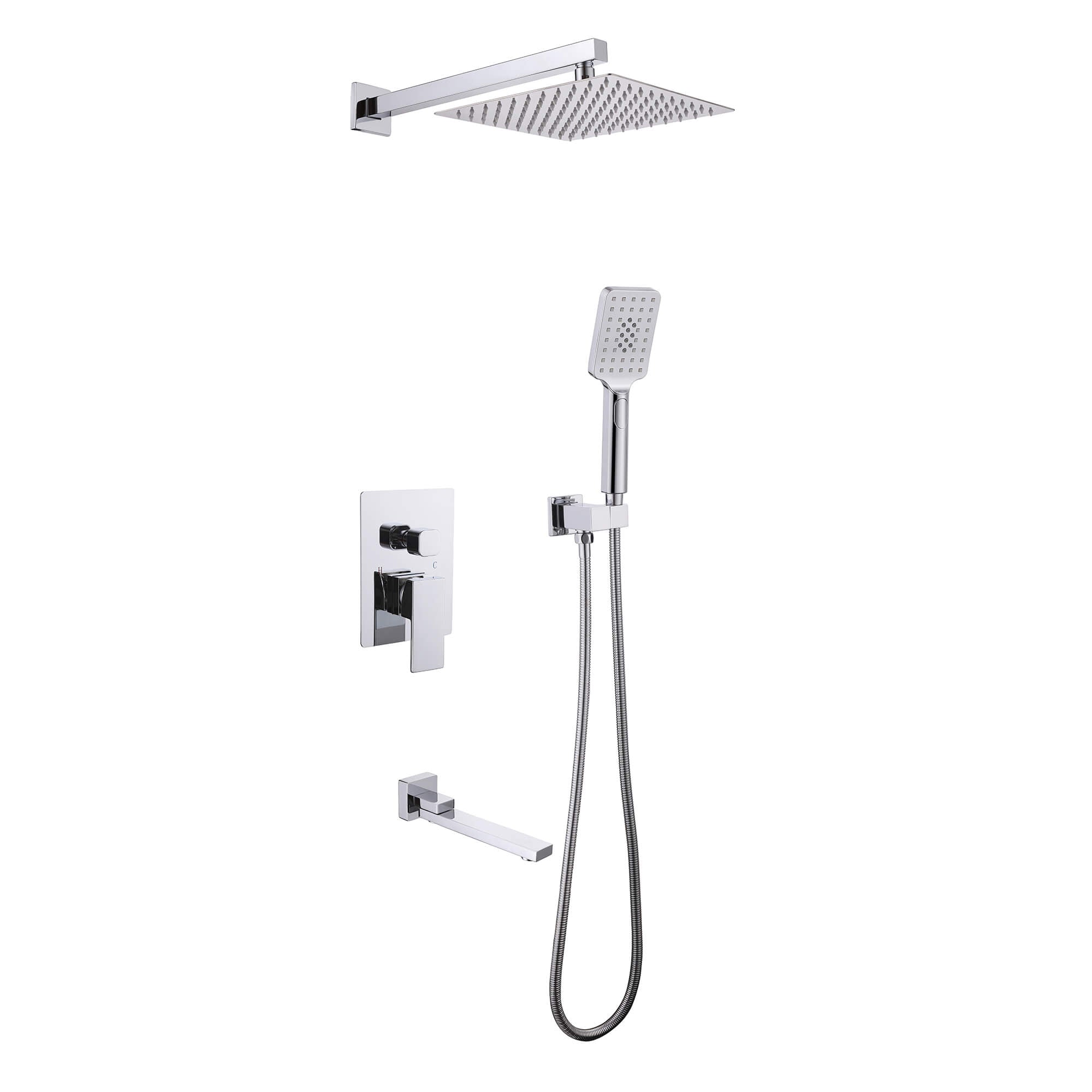 Concealed Tub Shower System with Fold-Away Tub Spout & 3-Function Hand Shower